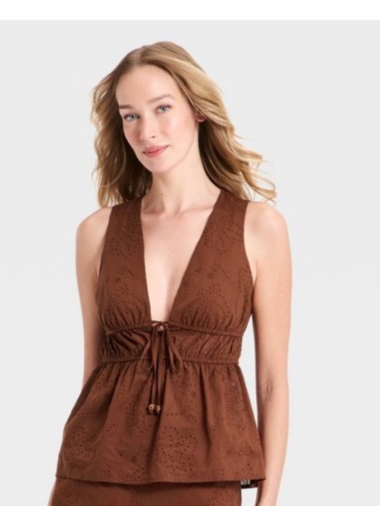 a new day Tops - Women’s Tie Front Peplum Tank Top. Brown. XL